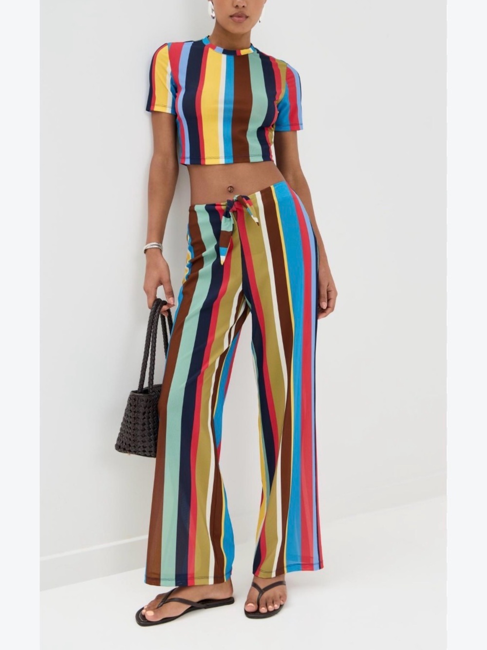 STAUD Pico Multicolor Vertical Stripe Crop Tee - Blue, Yellow, Red, Brown